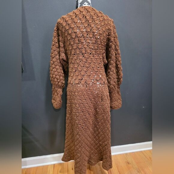 Chocolate Brown Crochet Balloon Sleeve Scallop Fan Design Drop Waist Maxi Dress - Picture 2 of 13
